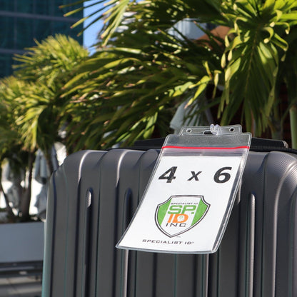 A gray suitcase with 2 Pack - Extra Large Luggage Tags - Clear 4x6 Heavy Duty Cruise Ship ID Tag / Golf Bag Travel Document Holder with 9" Plastic Loop displaying "4 x 6" and a logo with "SF 19 INC" sits in front of tall, green palm trees with a building in the background.