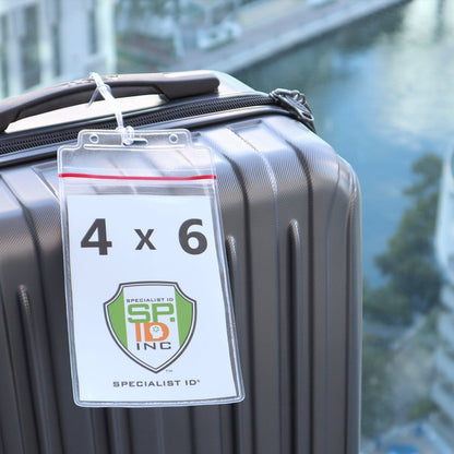 Close-up of a silver suitcase with a clear identification tag attached, displaying "4 x 6" and featuring the logo and name "Specialist ID Inc." The 2 Pack - Extra Large Luggage Tags - Clear 4x6 Heavy Duty Cruise Ship ID Tag / Golf Bag Travel Document Holder with 9" Plastic Loop ensures durability. A blurry cityscape can be seen in the background.