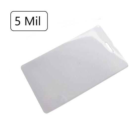 A clear rectangular plastic sheet, designed as a 5 Mil Light Duty Laminating Pouch for 2.5" x 4.25" Luggage Tags or ID with Vertical Slot Hole, labeled "5 Mil." Perfect for DIY supply accessories.