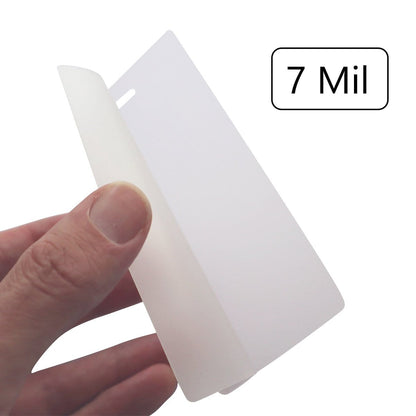 A hand holding a semi-transparent plastic sheet next to text indicating "7 Mil Medium Duty Laminating Pouch for  2.5" x 4.25"  Luggage Tags or ID with Vertical Slot Hole," perfect for your next DIY craft or as a durable laminating pouch for creating custom luggage tags.