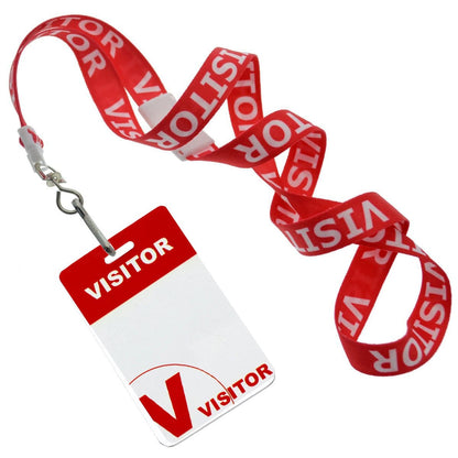 Red Visitor Badges with Lanyard - Secure Guest ID Passes for Events and Offices with the word "VISITOR" printed on it, attached to a white and red visitor badge. Sold by Specialist ID.