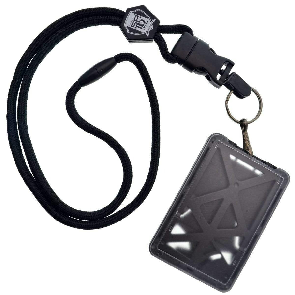 Black Top Loading THREE ID Card Badge Holder with Heavy Duty Lanyard w/ Detachable Metal Clip and Key Ring by Specialist ID SPID-9070-BLACK
