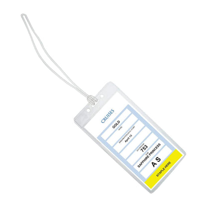 A close-up of a name tag, elegantly nestled within Premium Vinyl Cruise Ship Luggage Tag Holders with 9" Worm Loops Attach to Your Suitcases, Bag Handles, and Carry On Luggage - 3 1/2 x 7" Clear Protective Insert Sleeves by Specialist ID.