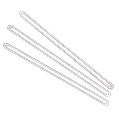 Three Clear Plastic Luggage Loop Straps 6 Inch - Durable Worm Loops (2410-2000), appearing to be markers or fasteners, are laid out flat against a white background.