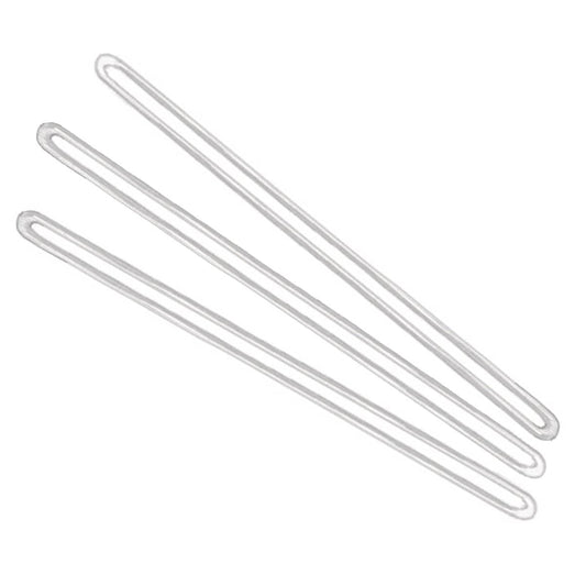Three Clear Plastic Luggage Loop Straps 6 Inch - Durable Worm Loops (2410-2000), appearing to be markers or fasteners, are laid out flat against a white background.