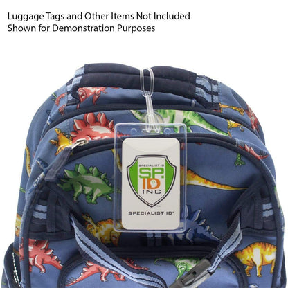 A small backpack with a dinosaur print design is shown with Clear Plastic Luggage Loop Straps 6 Inch - Durable Worm Loops (2410-2000) attached to the top handle. Text indicates that the luggage tag and other items are not included.