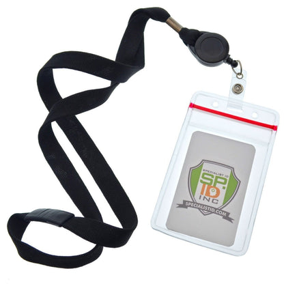 A clear plastic ID badge holder with a black lanyard and retractable reel, perfect for all your ID Badge and Prox Card Needs. The insert inside the holder reads "5 Pack - Cruisin Through Life™ Retractable Badge Holders - Great for Your Cabin Cards (Family Pack)" with a shield logo.