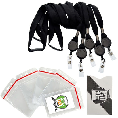 5 Pack - Cruisin Through Life™ Retractable Badge Holders - Great for Your Cabin Cards (Family Pack), clear plastic ID card sleeves, and a cardboard ID card insert laid out on a white background meet all your ID badge and prox card needs.