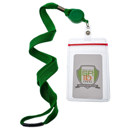 A green lanyard with a badge attached to it, ideal for all your 5 Pack - Cruisin Through Life™ Retractable Badge Holders - Great for Your Cabin Cards (Family Pack) Needs. Sold by Specialist ID.