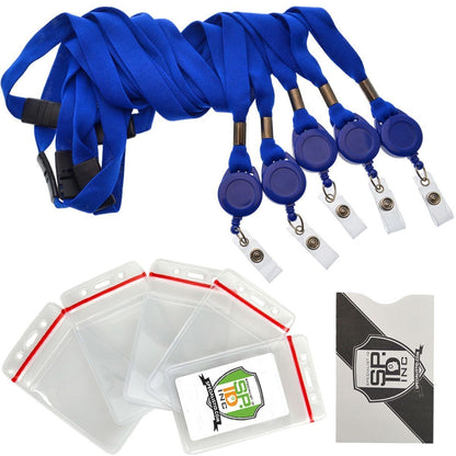 A set of blue lanyards attached to 5 Pack - Cruisin Through Life™ Retractable Badge Holders - Great for Your Cabin Cards (Family Pack), several clear plastic ID card holders, and a business card with a Cruisin Through Life™ logo placed on a white surface. Perfect for all your ID Badge and Prox Card needs.