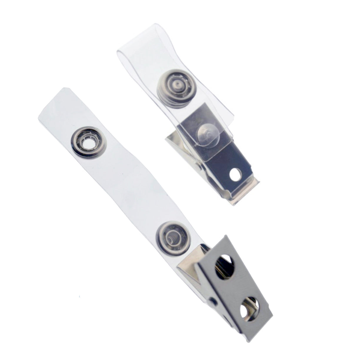 Two ID Badge Strap Clips (Industry Standard Clip) with clear vinyl straps and snaps, used for securely attaching identification badges.