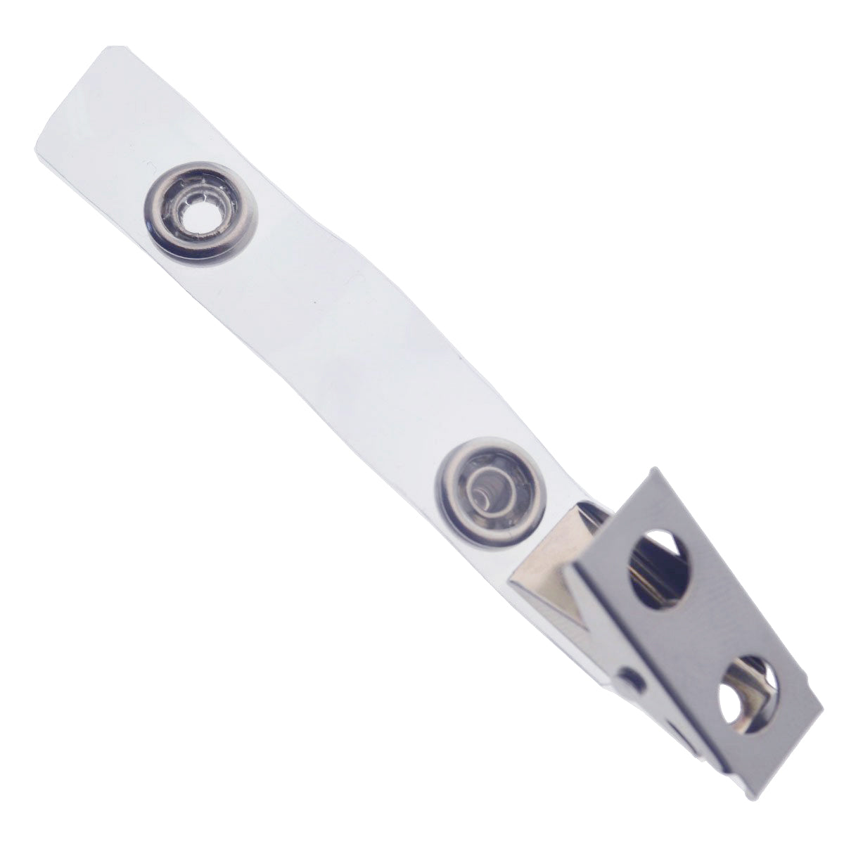 An ID Badge Strap Clip (Industry Standard Clip) featuring two circular holes and a hook attachment, displayed on a white background.