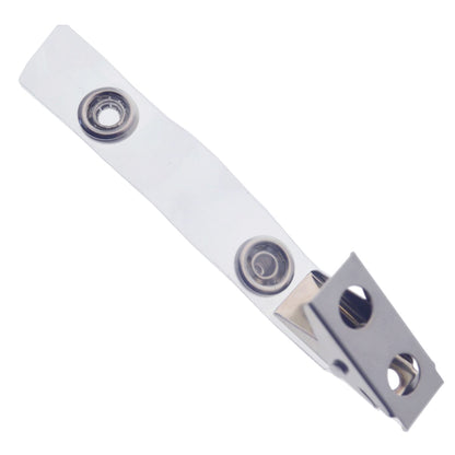 An ID Badge Strap Clip (Industry Standard Clip) featuring two circular holes and a hook attachment, displayed on a white background. Sold by Specialist ID.
