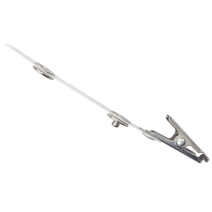 An ID Badge Strap Clip (Industry Standard Clip) with an alligator clip attached to a transparent strap featuring two round metal coils. Sold by Specialist ID.