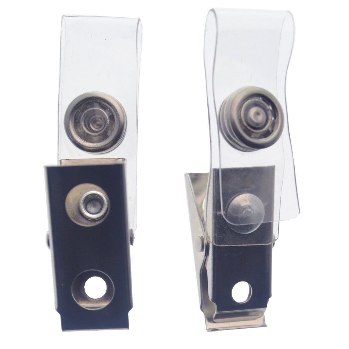 Two clear "ID Badge Strap Clips (Industry Standard Clip)" with metal spring clips, snap buttons, and durable vinyl straps. One clip is presented from the front, and the other from the back.