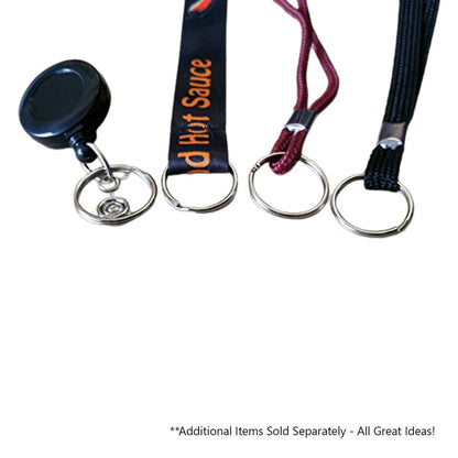 Close-up image of three different lanyards with 100 Round Split Ring Key Chains - 1" Inch Size - Heavy Duty Premium Key Rings in Bulk (SPID-9230) and a retractable badge holder. Text near lanyard reads "Wild Hot Sauce." Additional items are noted as sold separately.