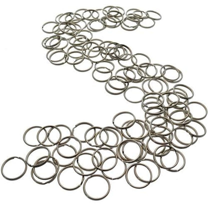 A collection of 100 Round Split Ring Key Chains - 1" Inch Size - Heavy Duty Premium Key Rings in Bulk (SPID-9230) arranged in the shape of the letter "S" on a white background.