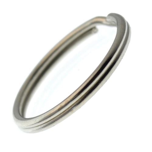 Close-up of a silver key ring loop against a white background. The 25 Premium Extra Large 1 1/4" Split Rings (SPID-9240), made from heat-treated steel, has a simple design and is slightly open at the ends.