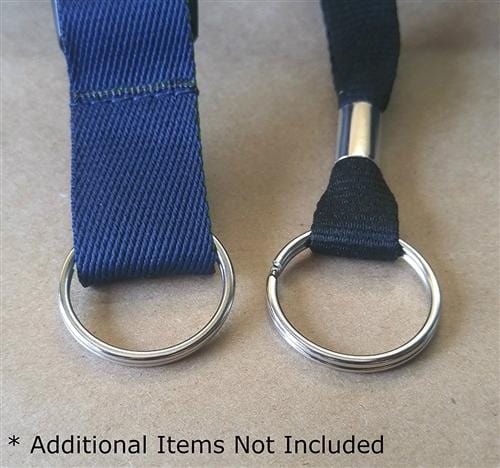 Two close-up views of fabric lanyards with silver split rings on a beige surface. One lanyard is blue, and the other is black. Text at the bottom reads, "Additional Items Not Included: 25 Premium Extra Large 1 1/4" Split Rings (SPID-9240).