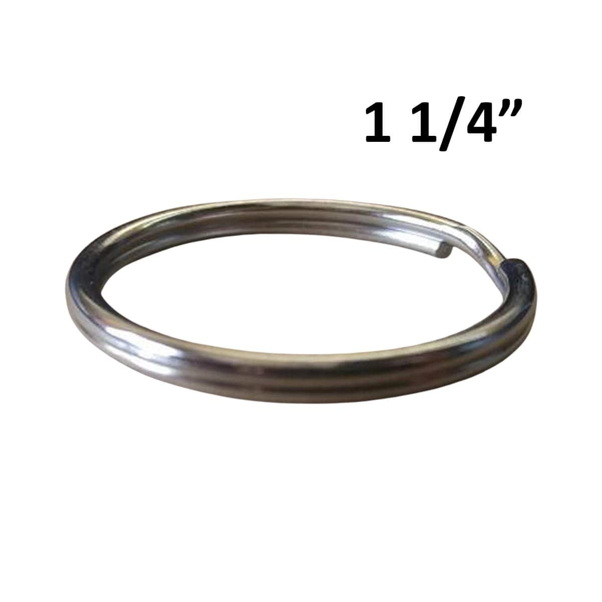 A metallic 25 Premium Extra Large 1 1/4" Split Rings (SPID-9240), crafted from heat-treated steel, displayed against a white background. This durable piece is an essential part of any keychain accessories collection.