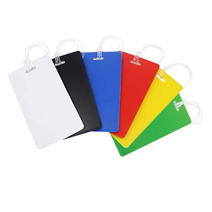 A set of six Color Coded Backpack ID Tags with Loop - Semi Rigid Holds a Business Card or Included Identification Card (1845-200X) in different colors: white, black, blue, red, yellow, and green, each with a clear worm loop attached.