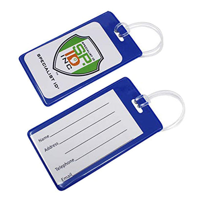 Two blue Color Coded Backpack ID Tags with Loop - Semi Rigid Holds a Business Card or Included Identification Card (1845-200X) with clear worm loops. One tag features a shield logo and text "Specialist ID, Inc." while the other has blank fields for name, address, telephone, and email.