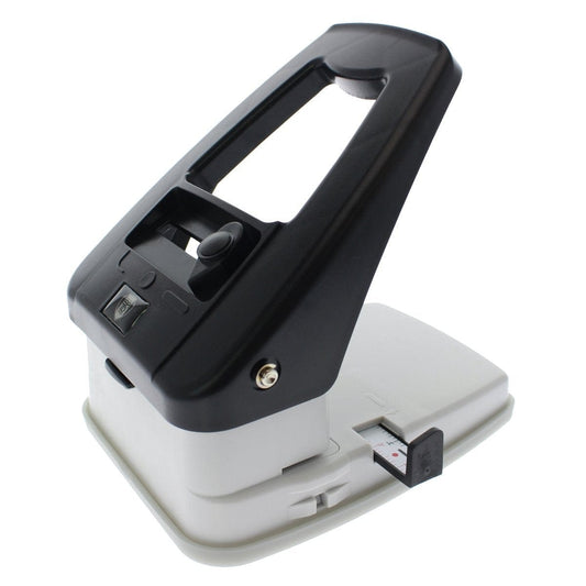 A 3-in1 ID Card Slot Punch w/ 1 hole Punch and Corner Rounder, with an adjustable sliding guide, ideal for creating slots in ID cards, is shown against a white background. Sold by Specialist ID.