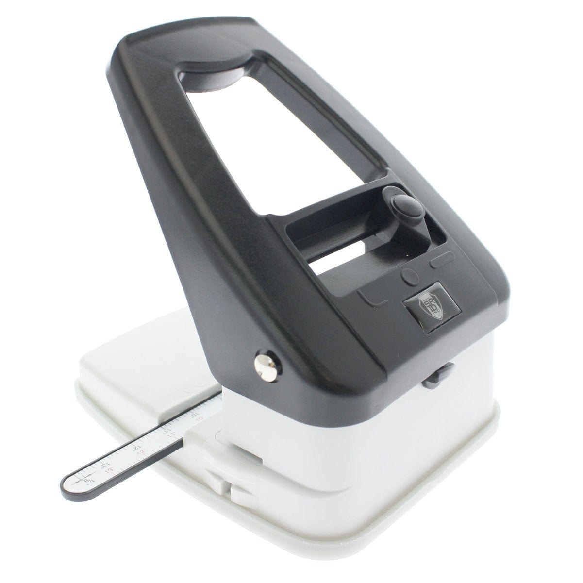 A black and white 3-in1 ID Card Slot Punch w/ 1 hole Punch and Corner Rounder with an adjustable guide for aligning paper, perfect for organizing documents or prepping ID cards.