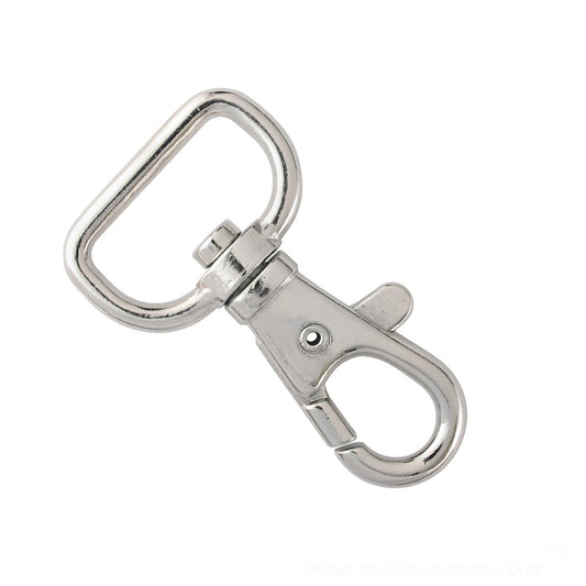 Close-up of a silver Premium Metal Lobster Claw Clasps with Wide ¾ Inch D Ring and 360 Swivel Snap Clasp Trigger ID / Key Clip (6920-2360), ideal for lanyard making or securing items such as bags or keys.