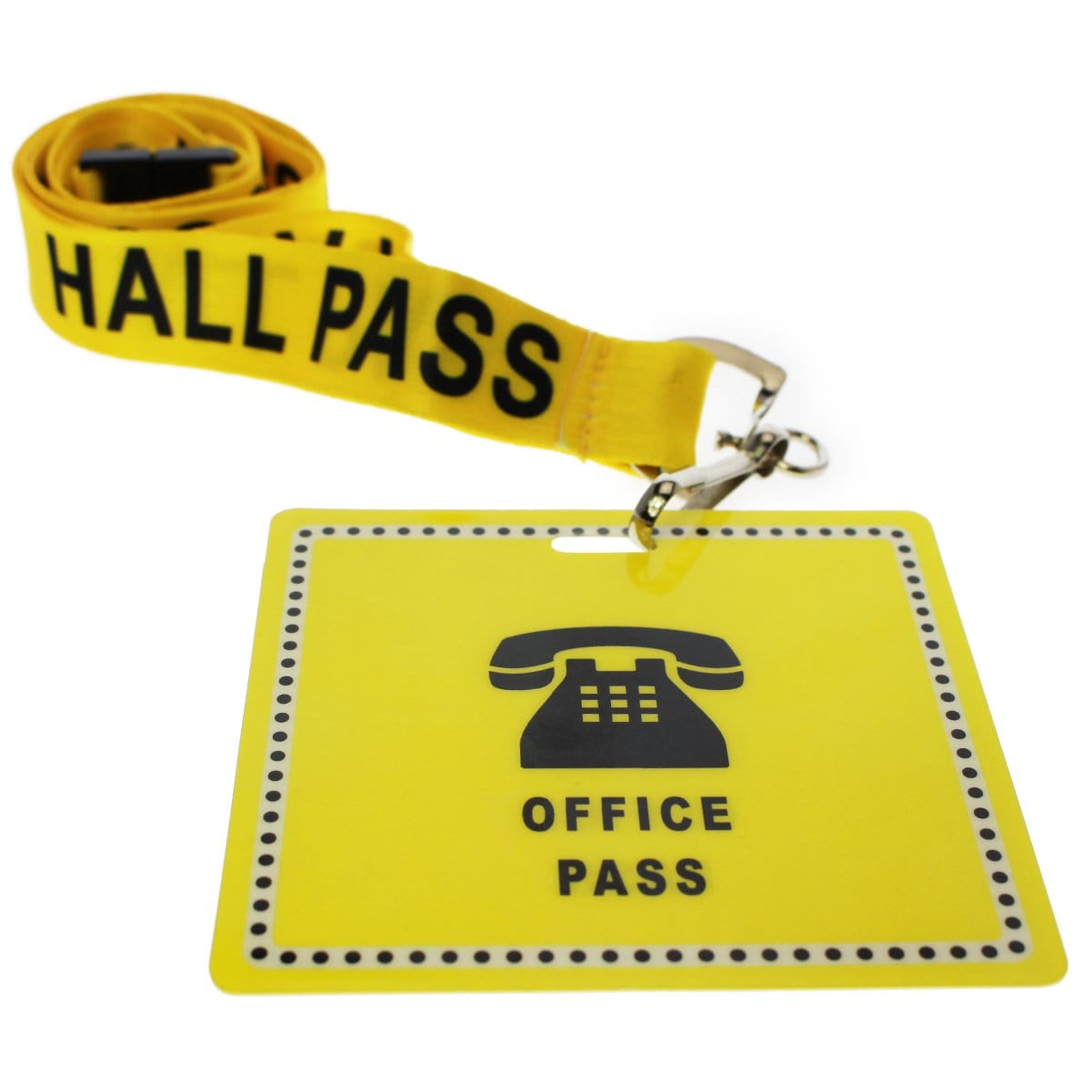 yellow hall pass breakaway lanyard clipped to yellow office  pass card