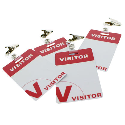 Four red and white Reusable Visitor Passes with Clothing Friendly Badge Clip, arranged overlapping each other on a white background.