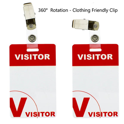 Two Reusable Visitor Passes with Clothing Friendly Badge Clip with 360° rotating, clothing-friendly clips.
