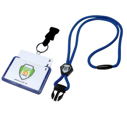 Specialist ID Horizontal 3 Card Badge Holder & Heavy Duty Lanyard with Breakaway Clip and Key Ring - Hard Plastic Rigid Name Tag Protector -Top Load for Three Badges displaying two numbered cards.