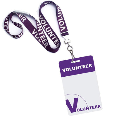 10 Pack - Volunteer Lanyard with Badge Set - Pre-Printed Volunteer Design - Dual Sided