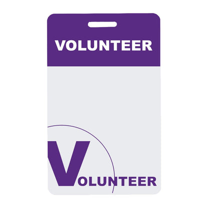 A vertical badge with a purple top section labeled "VOLUNTEER" and a large "V" in the lower section with "VOLUNTEER" below it. The design is simple and mainly white with purple text and accents, perfectly suited for attaching to a 10 Pack - Volunteer Lanyard with Badge Set - Pre-Printed Volunteer Design - Dual Sided for easy identification.