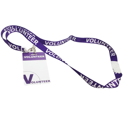 A 10 Pack - Volunteer Lanyard with Badge Set - Pre-Printed Volunteer Design - Dual Sided with the word "VOLUNTEER" printed in white, attached to a matching badge holder labeled "VOLUNTEER.