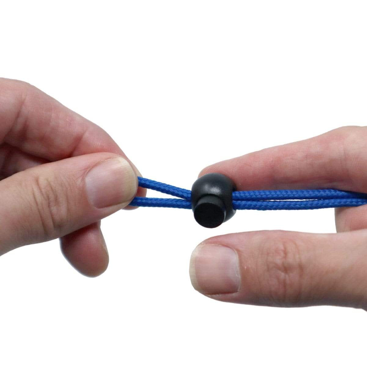 Two hands are adjusting an Adjustable Cord Lock - Round Ball Style - Single Hole End Toggle for DIY Projects (2135-4001) with black plastic toggle fasteners.