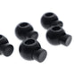 Four black interchangeable earbud tips and two Adjustable Cord Lock - Round Ball Style - Single Hole End Toggles for DIY Projects (2135-4001) are arranged on a white background.