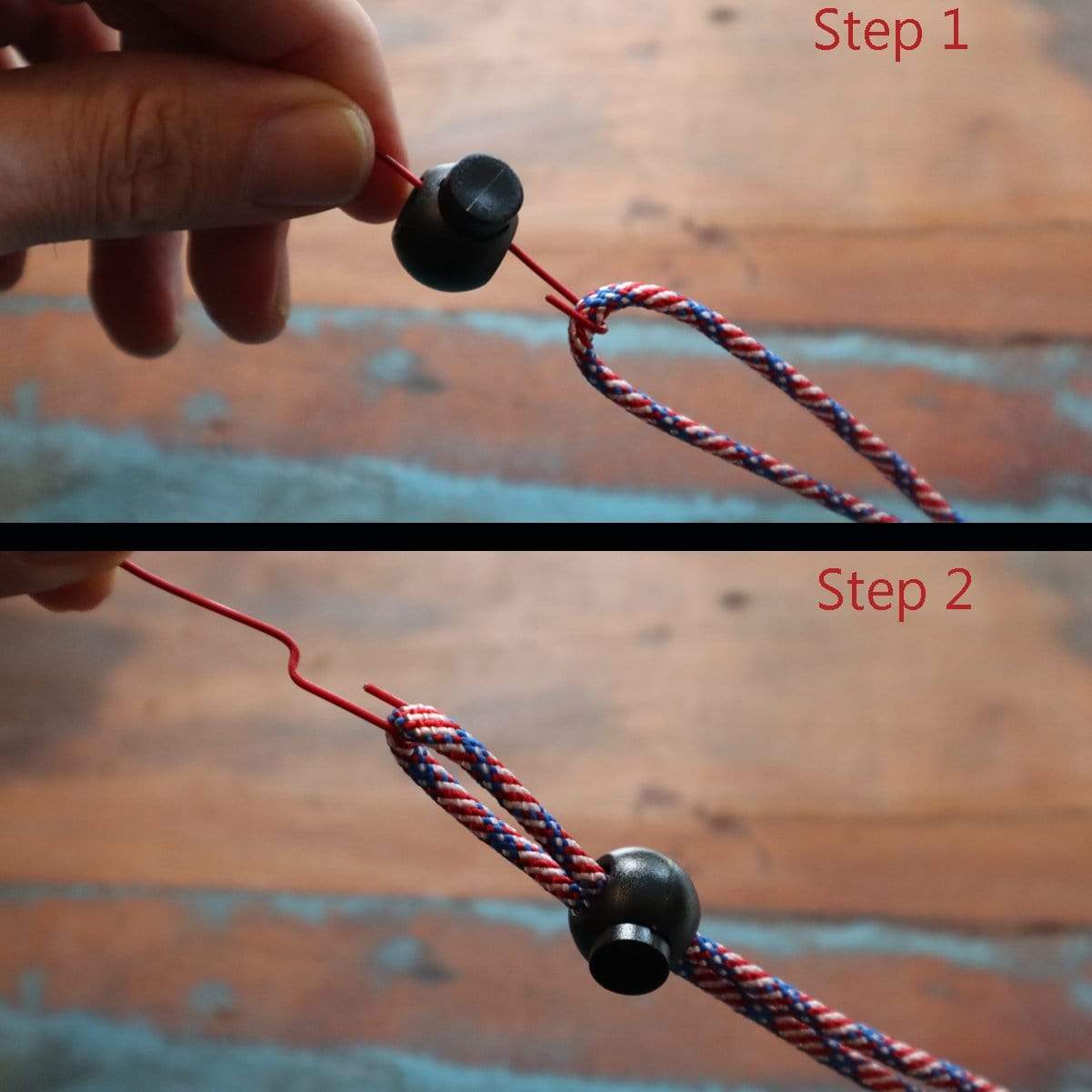 Close-up of hands demonstrating two steps to use Adjustable Cord Lock - Round Ball Style - Single Hole End Toggle for DIY Projects (2135-4001). Step 1: Insert a red wire through the ball-shaped end stopper. Step 2: Use the wire to pull the paracord loop through the toggle.