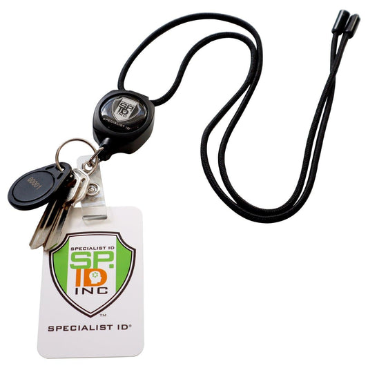 A SPID Key-Bak SIDEKICK Heavy Duty Badge Reel Lanyard Combo with ID Holder Strap Clip & Key Ring (SPID-9980) securely holding a Specialist ID badge and two keys, featuring a robust Kevlar cord for added strength.
