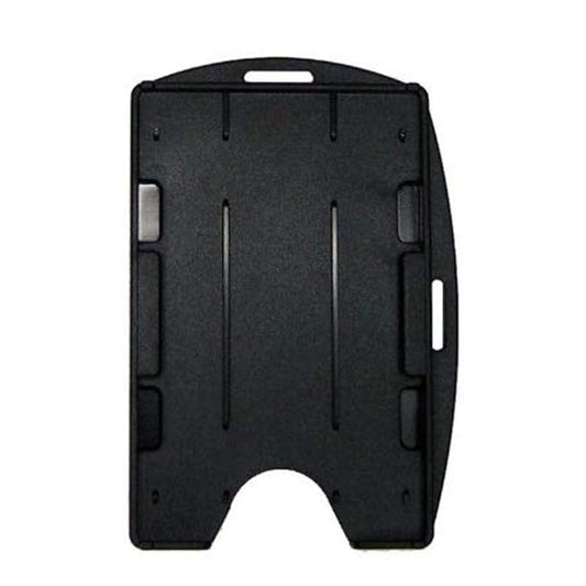 A black, rigid plastic badge holder with a vertical design and multiple slot openings for attachment options. It functions as a Two Card Holder - Rigid Open-Faced (P/N AH-150), keeping your IDs securely in place.