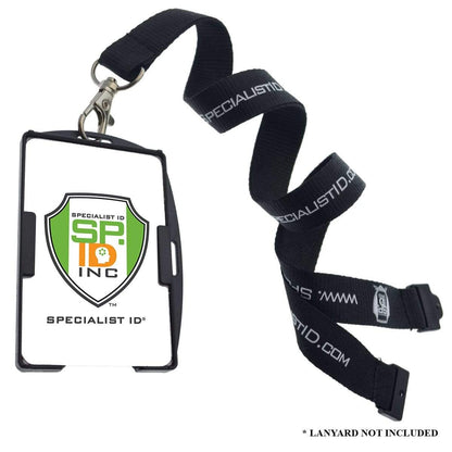 A black lanyard with "SPECIALIST ID" text is attached to a Two Card Holder - Rigid Open-Faced (P/N AH-150) displaying a green and white "SFI INC" logo. Text states: "* LANYARD NOT INCLUDED".