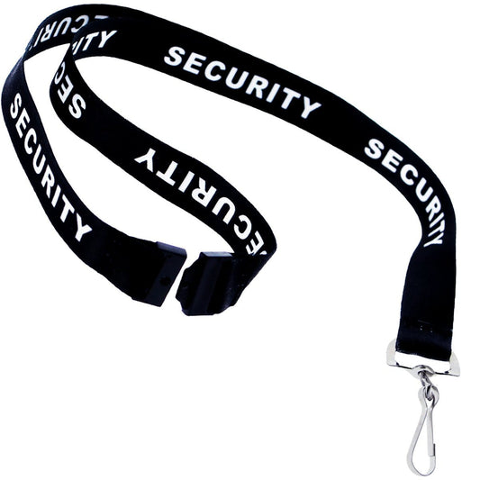 Black Security Lanyard (SPID-L-SECURITY) with "SECURITY" printed in white, featuring a metal clip, safety breakaway feature, and a plastic buckle release for easy access to ID credentials.
