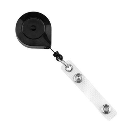 A black Lock-A-Reel Self Locking PIV Card Reel with a clear plastic strap and metal snap fasteners.