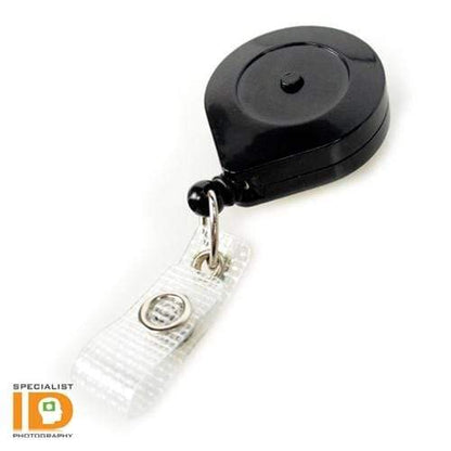 A Lock-A-Reel Self Locking PIV Card Reel with a clear vinyl strap attachment, ideal for federal employees' ID badges.