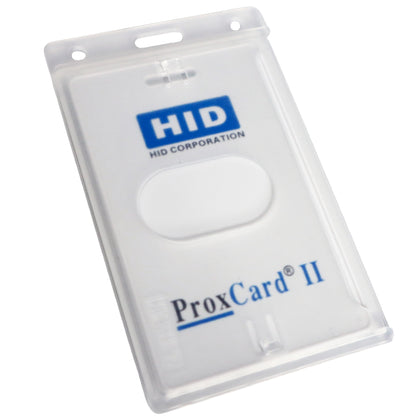 A **Vertical 70 - 90 Mil ProxCard II / Thick HID Proximity Card Holder (SPID-PROX-V)** containing a white identification card labeled "HID Corporation ProxCard II," also known as a Thick Proximity Card.
