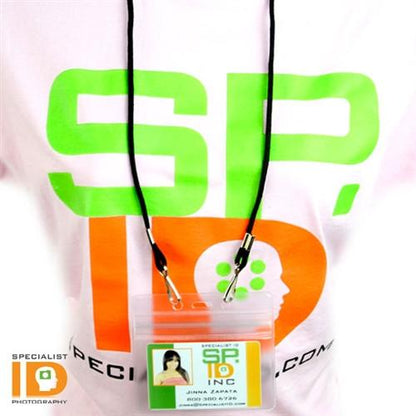 Person wearing a shirt with "SPID" on it and a lanyard around their neck, holding an ID card in a Horizontal Vinyl Badge Holder with Zipper Top (506-ZHOS-CLR) for maximum ID card protection.
