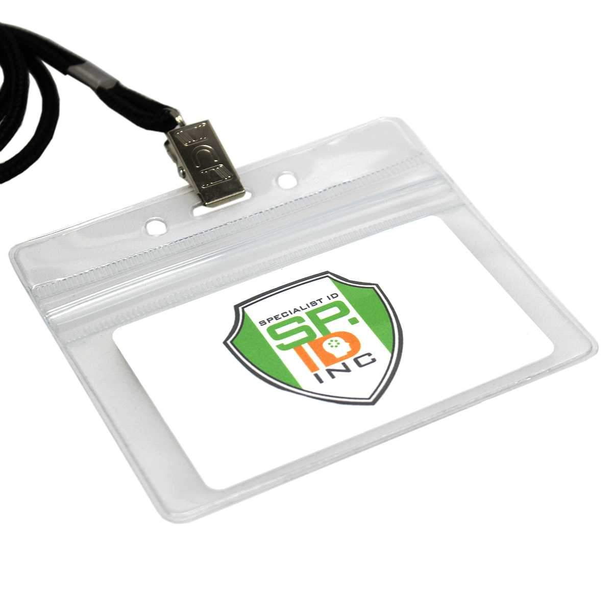 Horizontal Vinyl Badge Holder with Zipper Top (506-ZHOS-CLR) with black lanyard and a white card inside displaying a logo with the text "SPECIALIST ID INC" on a shield, offering excellent ID card protection.