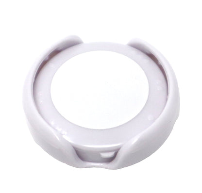 A round, white plastic cap with a smooth surface, featuring a slightly raised center and small hooks on the outer edge, designed as an Antimicrobial Stethoscope ID Tag - Hand Write Your Name on Label to Personalize - Adjustable Tube Size to Fit Most Steths.