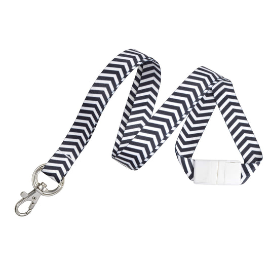 Chevron Pattern Fashion Lanyard with Key Ring and Trigger Snap Badge Clip (2138-628X) with a metal swivel hook, a white plastic breakaway clasp, and a badge clip. Sold by Specialist ID.